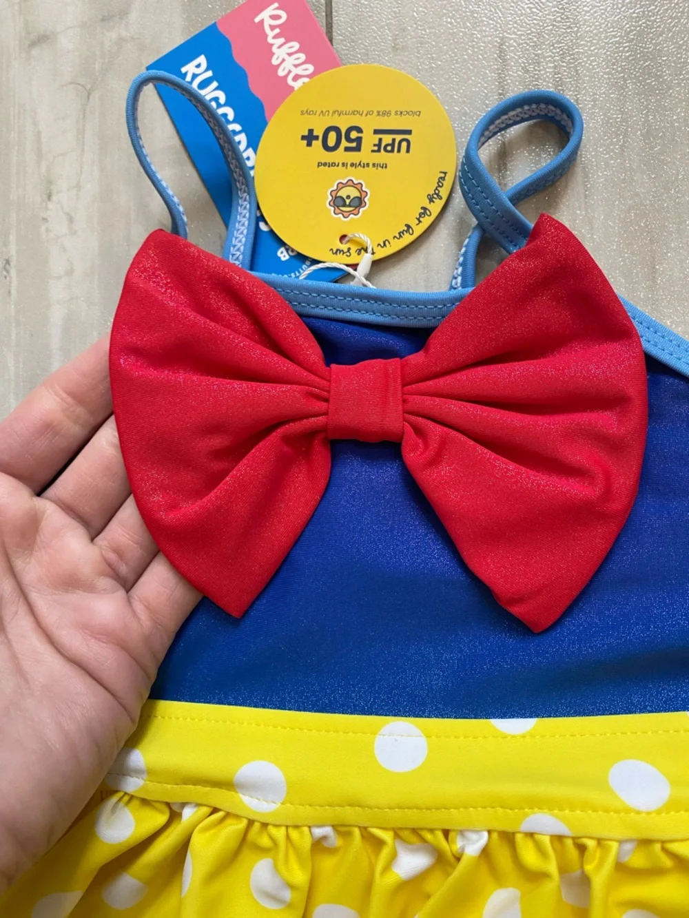 NWT RuffleButts Apple Princess Big Bow Yellow Polka Dot Skirted Swimsuit 3-6M